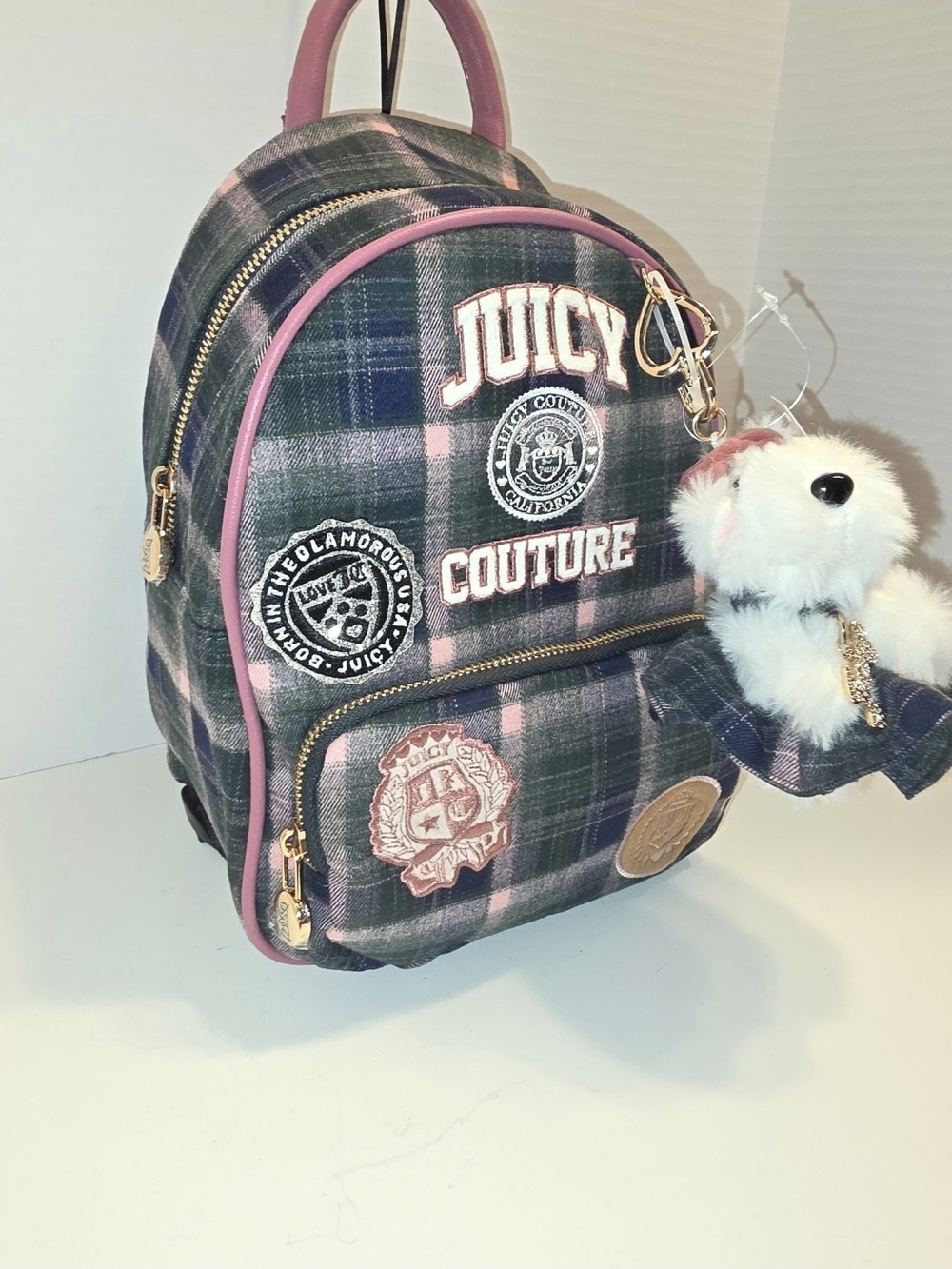 Juicy Couture Plaid Varsity Mini Backpack with Bear Charm - NWT